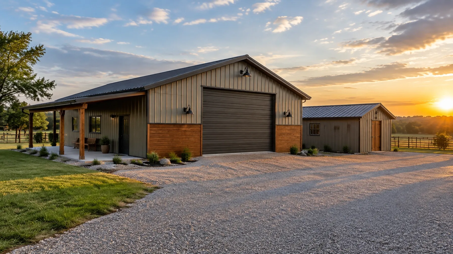 Detached shop building on a rural property at sunset