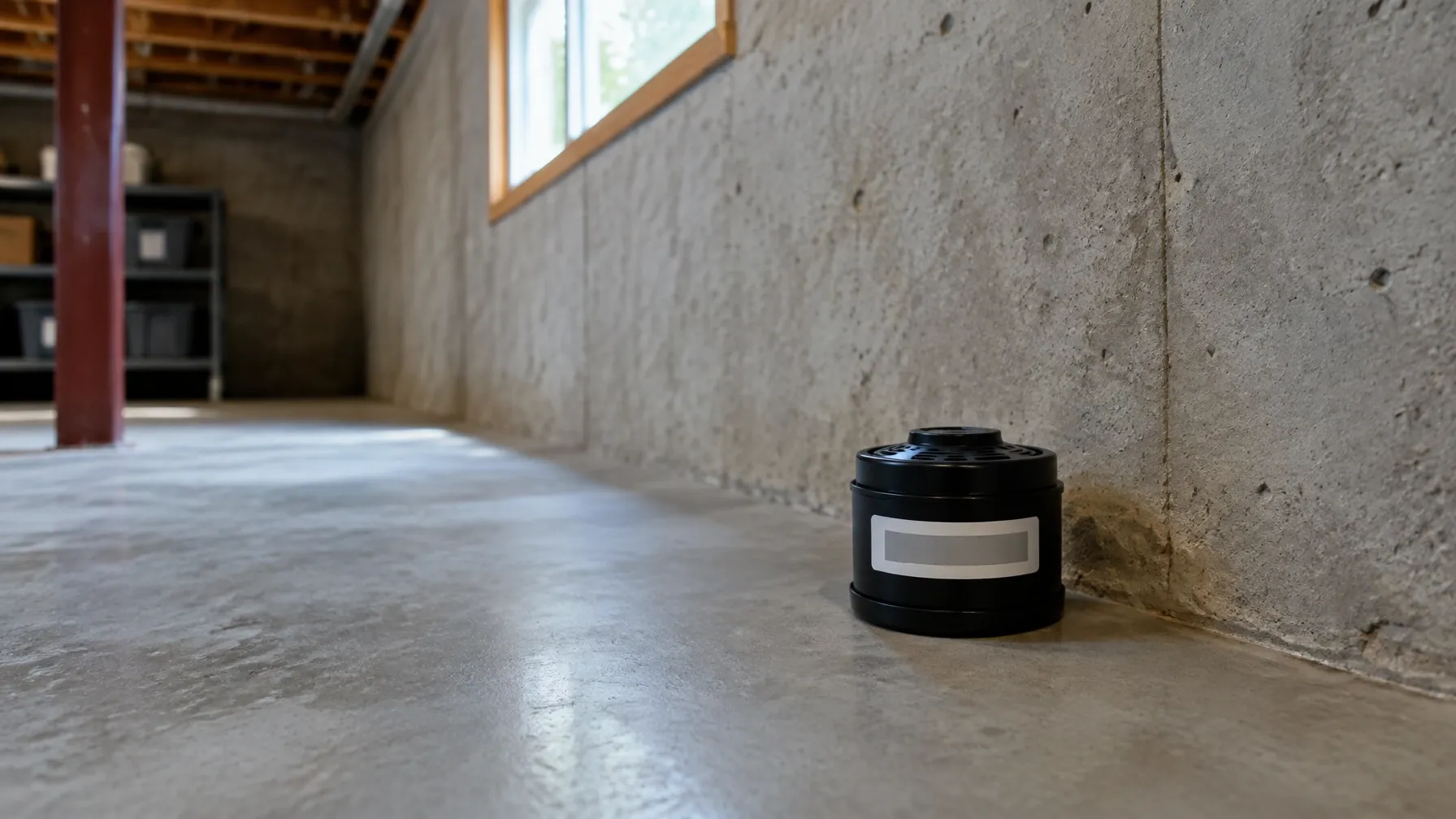 Radon test monitor on a basement floor