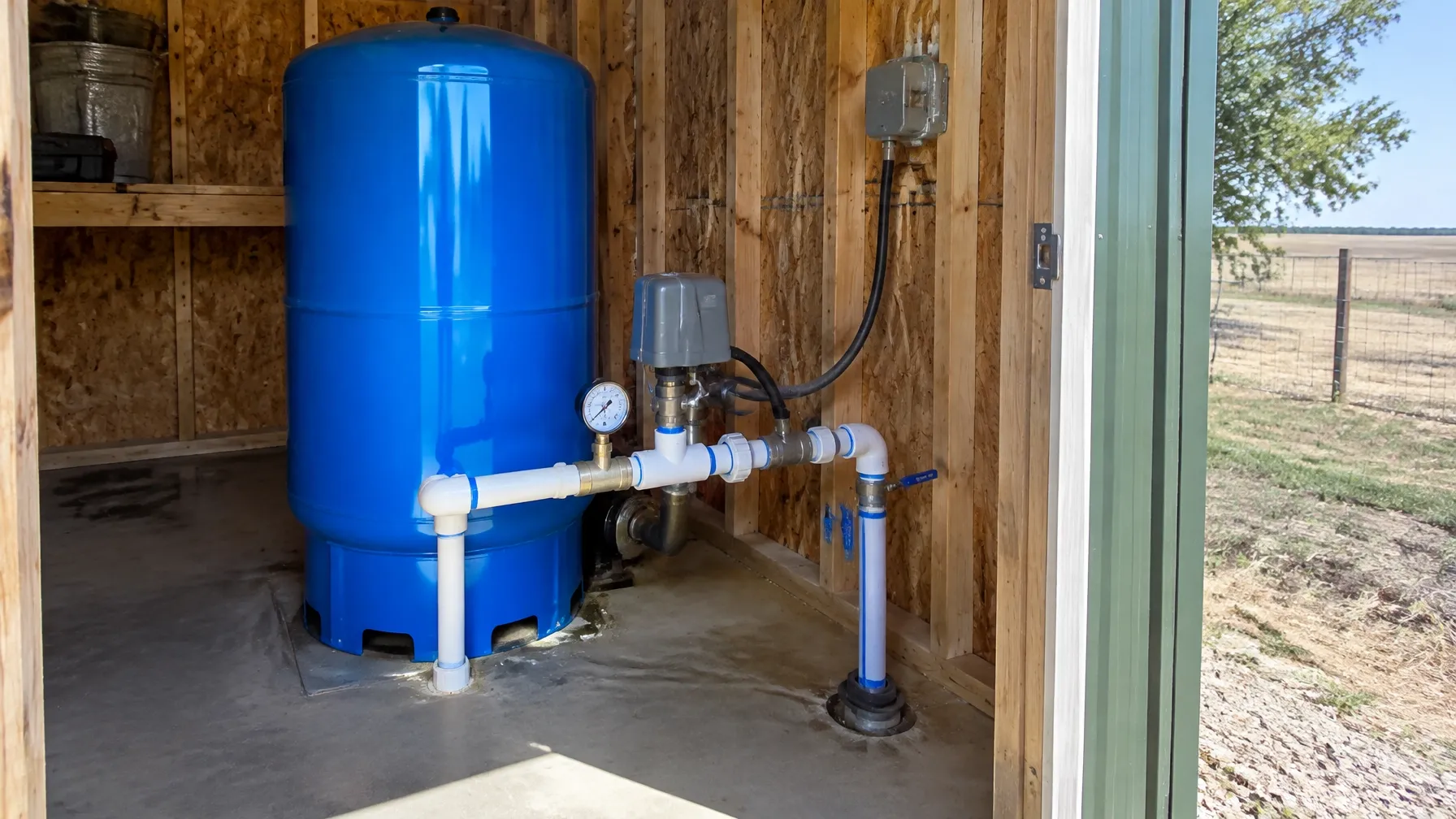 Private water well pressure tank and controls in a utility shed